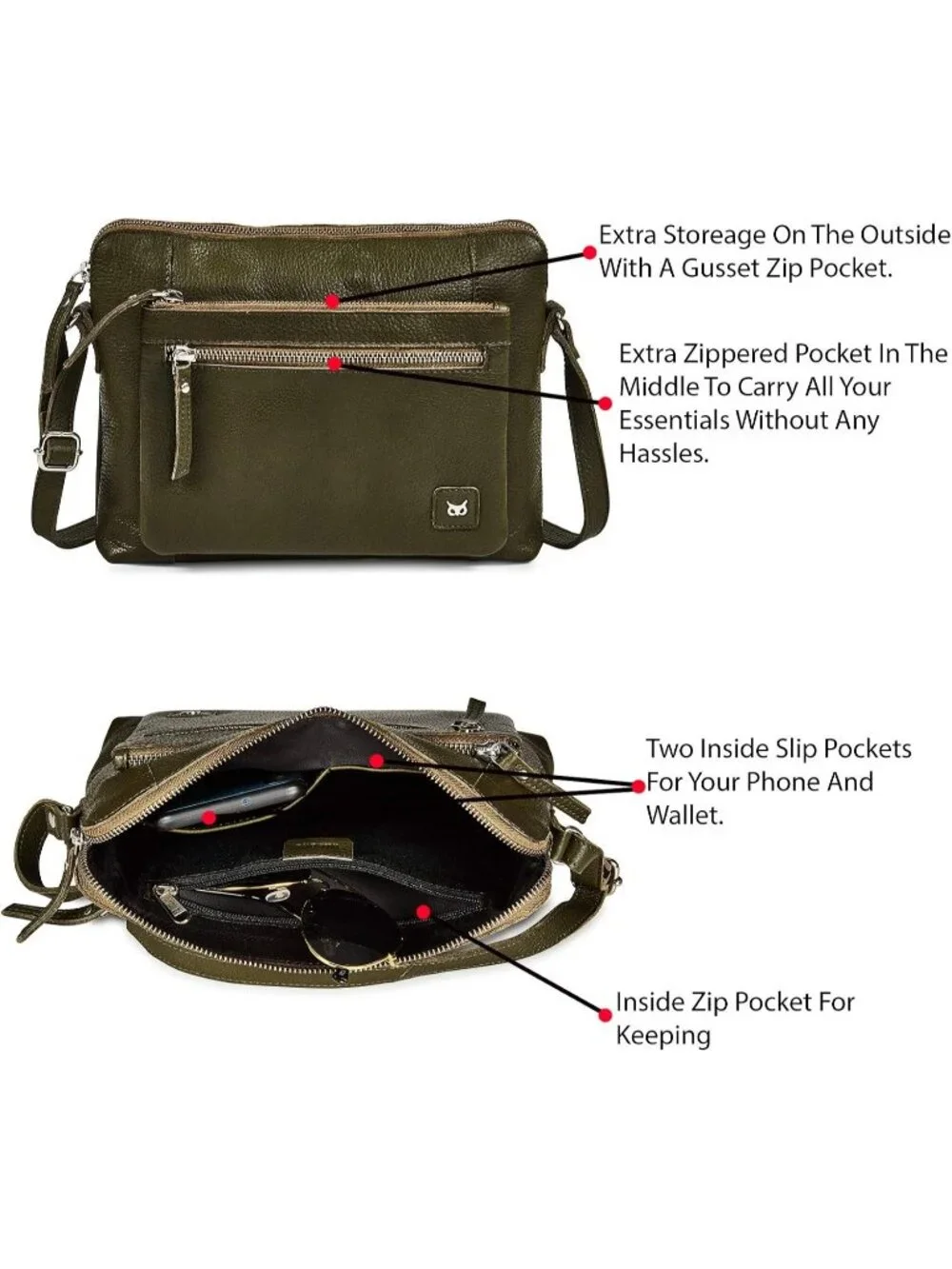 Women's Olive Genuine Leather Sling Purse with Adjustable Strap Crossbody bag